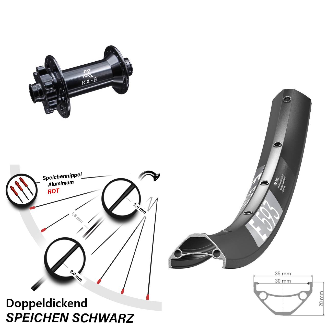 27,5 Zoll DT Swiss E593 Vorderrad KX-B 6-Loch Boost
