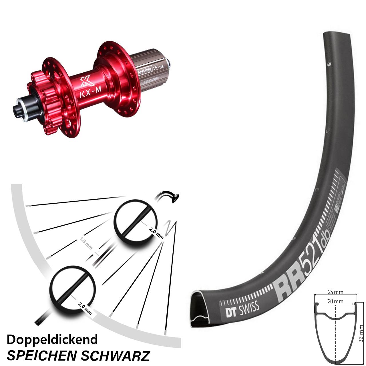 DT Swiss RR521 KX-M rot 28 Zoll 6-Loch Hinterrad QR 8-12 fach