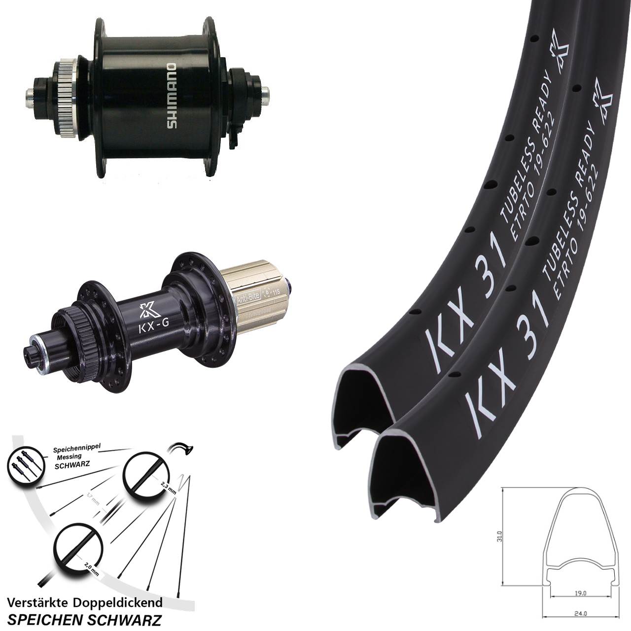 Disc Laufrad-Satz 28 Zoll KX-G 31 Shimano DH-UR700-3D 8-12 fach für Schnellspanner
