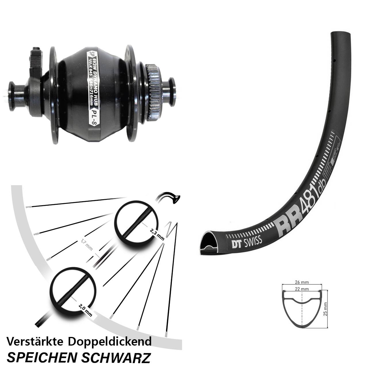 DT Swiss RR 481 Shutter PL-8 28 Zoll Nabendynamovorderrad Centerlock QR