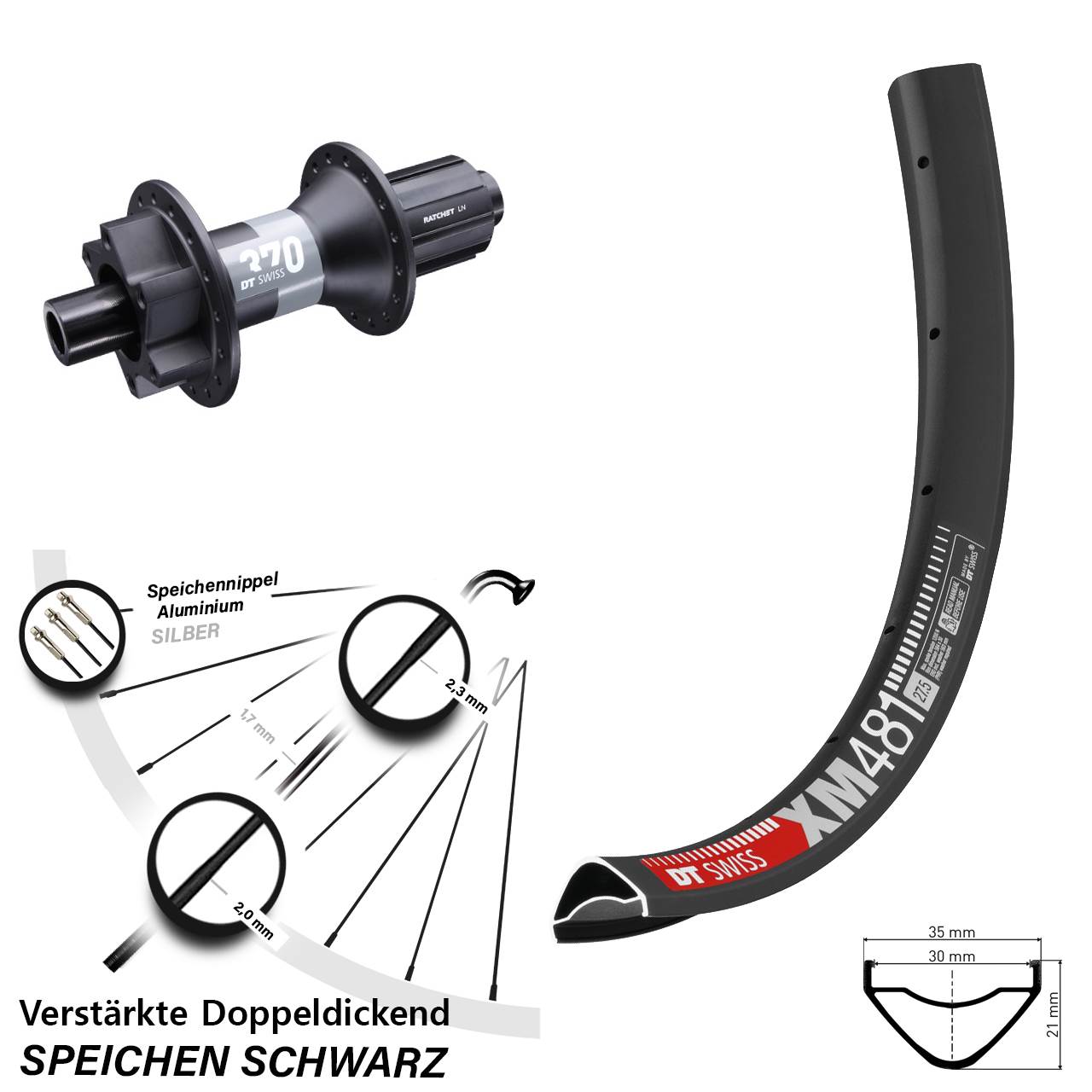 27,5 Zoll DT Swiss XM481-370 6-Loch Hinterrad 12x148 8-11 fach HG