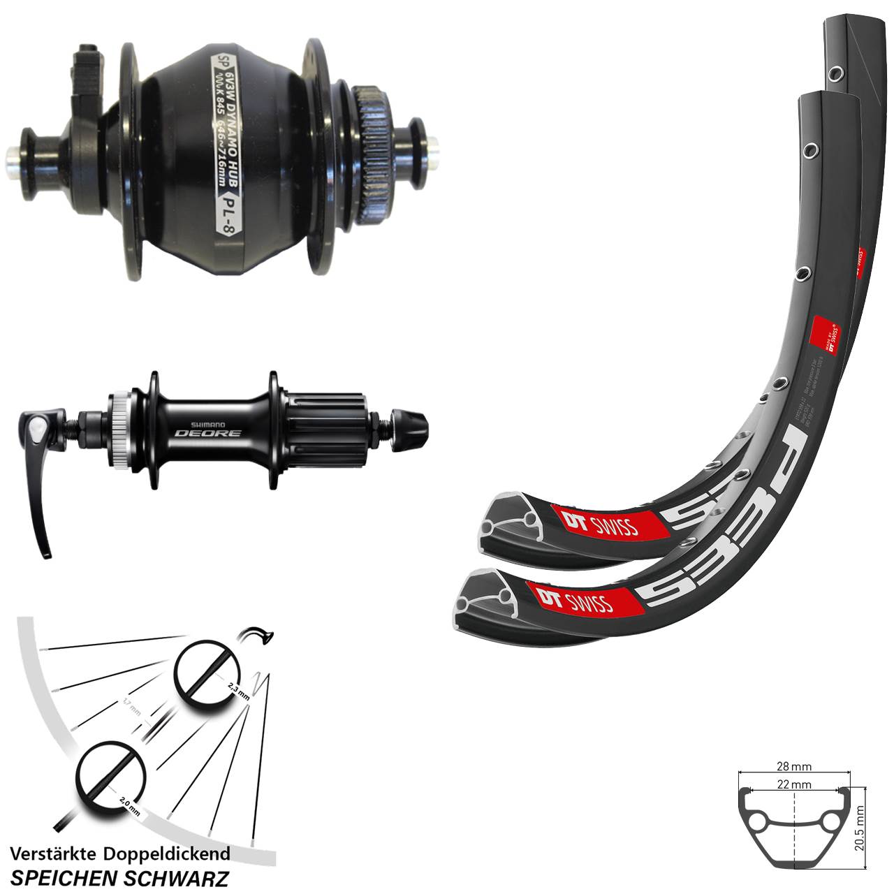 Laufradsatz 28 Zoll DT Swiss 533d Shutter PL-8 Shimano Deore FH-M6000 8-11 fach HG QR