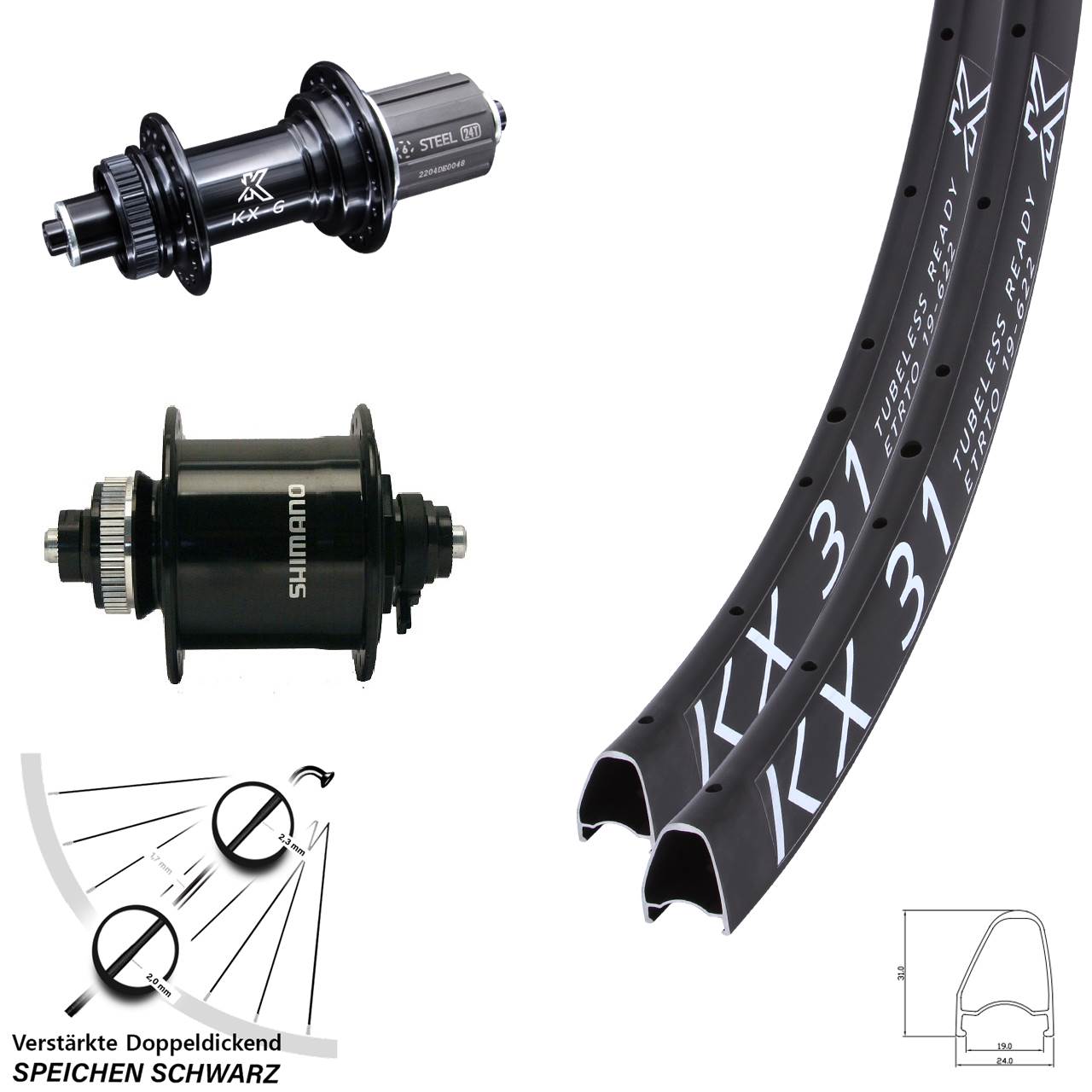 28 Zoll KX-GS 31 Offset Shimano DH-UR700 Disc Laufradsatz QR 8-12 fach