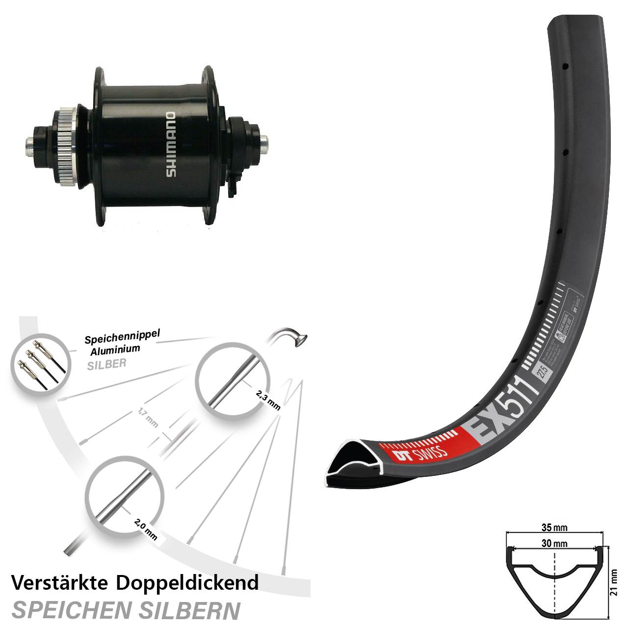 Disc Vorderrad mit Nabendynamo QR 29 Zoll DT Swiss EX 511 Shimano DH-UR700