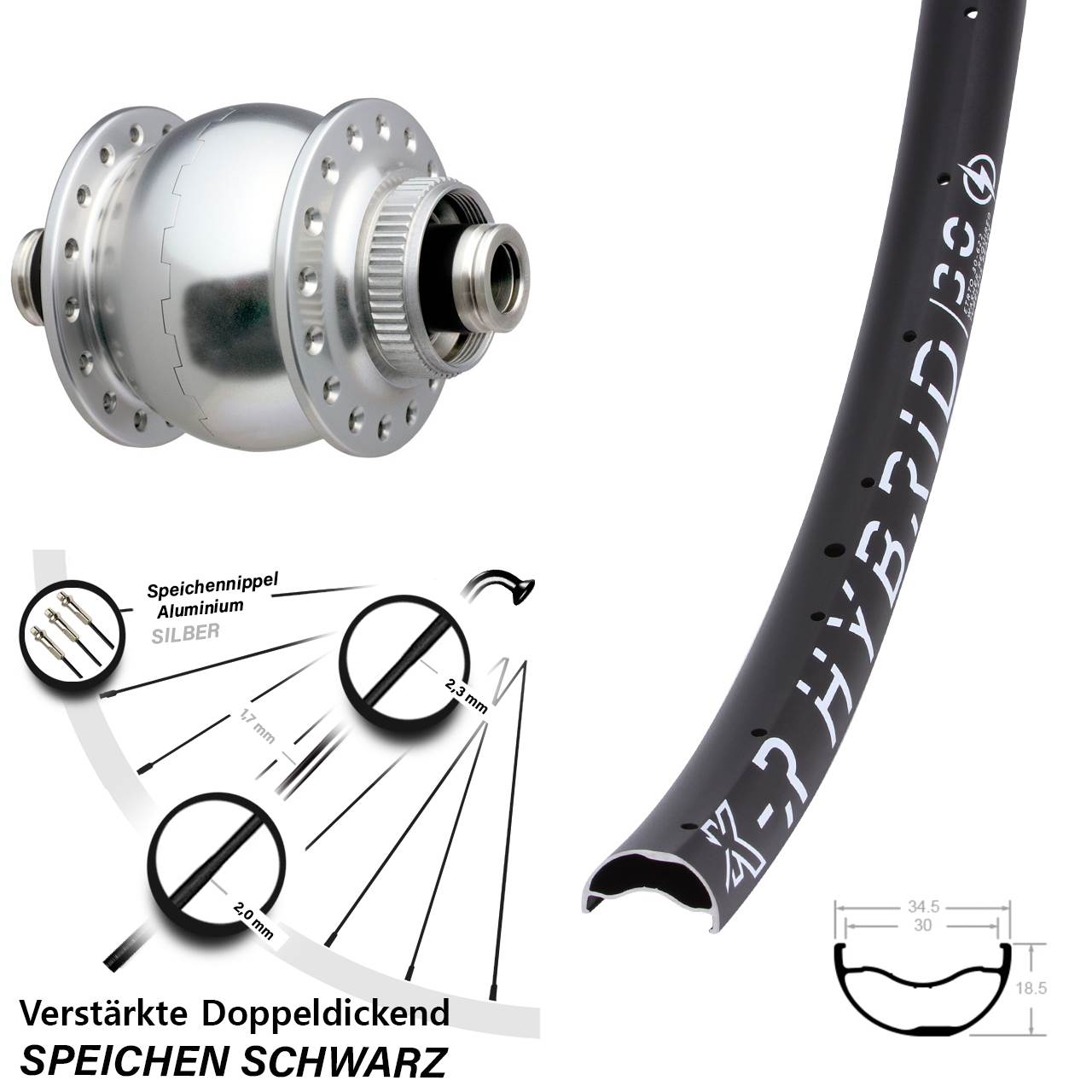 29 Zoll KX-R Hybrid 30 SON 28 silbern Dynamo-Vorderrad Centerlock 12x100