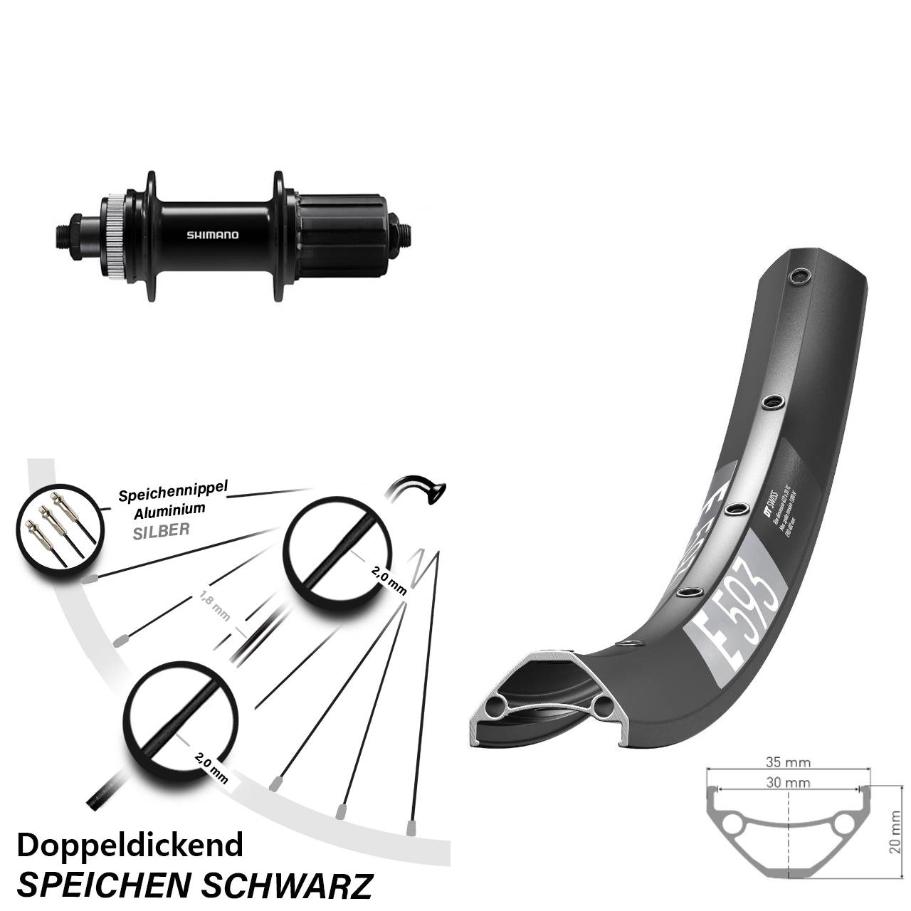 DT Swiss E 593 Shimano FH-QC400 27,5 Zoll Disc Hinterrad für Schnellspanner 8-11 fach