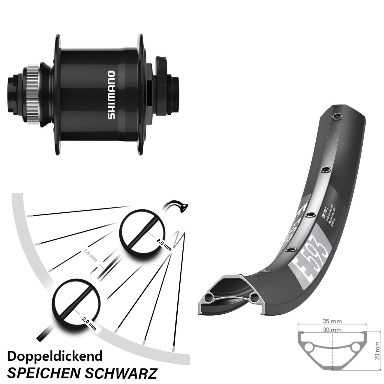 DT Swiss E 593 Shimano DH-UR708-3D 27,5 Zoll Centerlock Dynamovorderrad 15x100