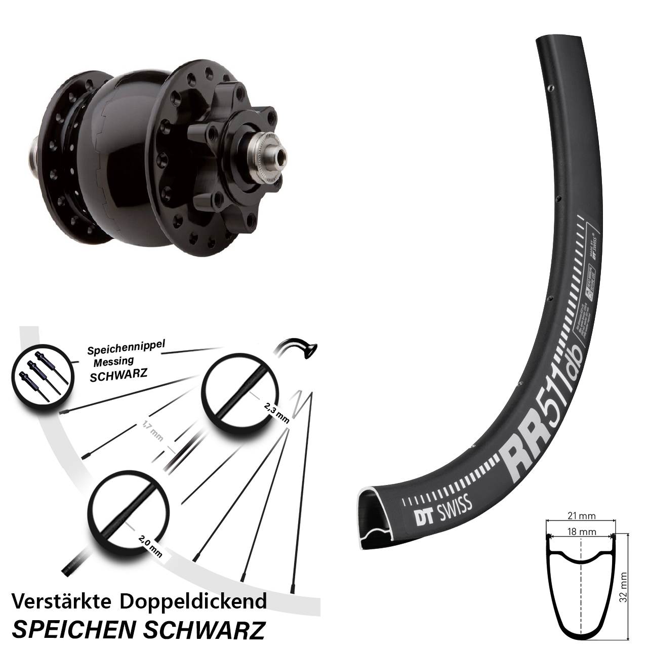 Son 28 Zoll Vorderrad mit Nabendynamo Disc 6-Loch DT Swiss RR 511 DB