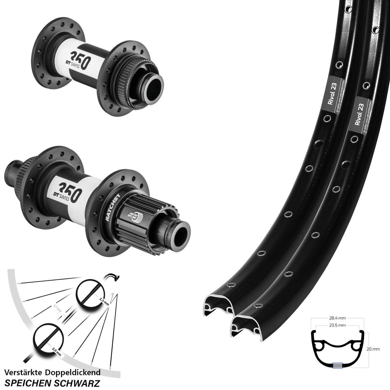 Disc Laufradsatz 15x100 12x142 27,5 Zoll Ryde Rival 23-350 DT Swiss 350 Micro Spline