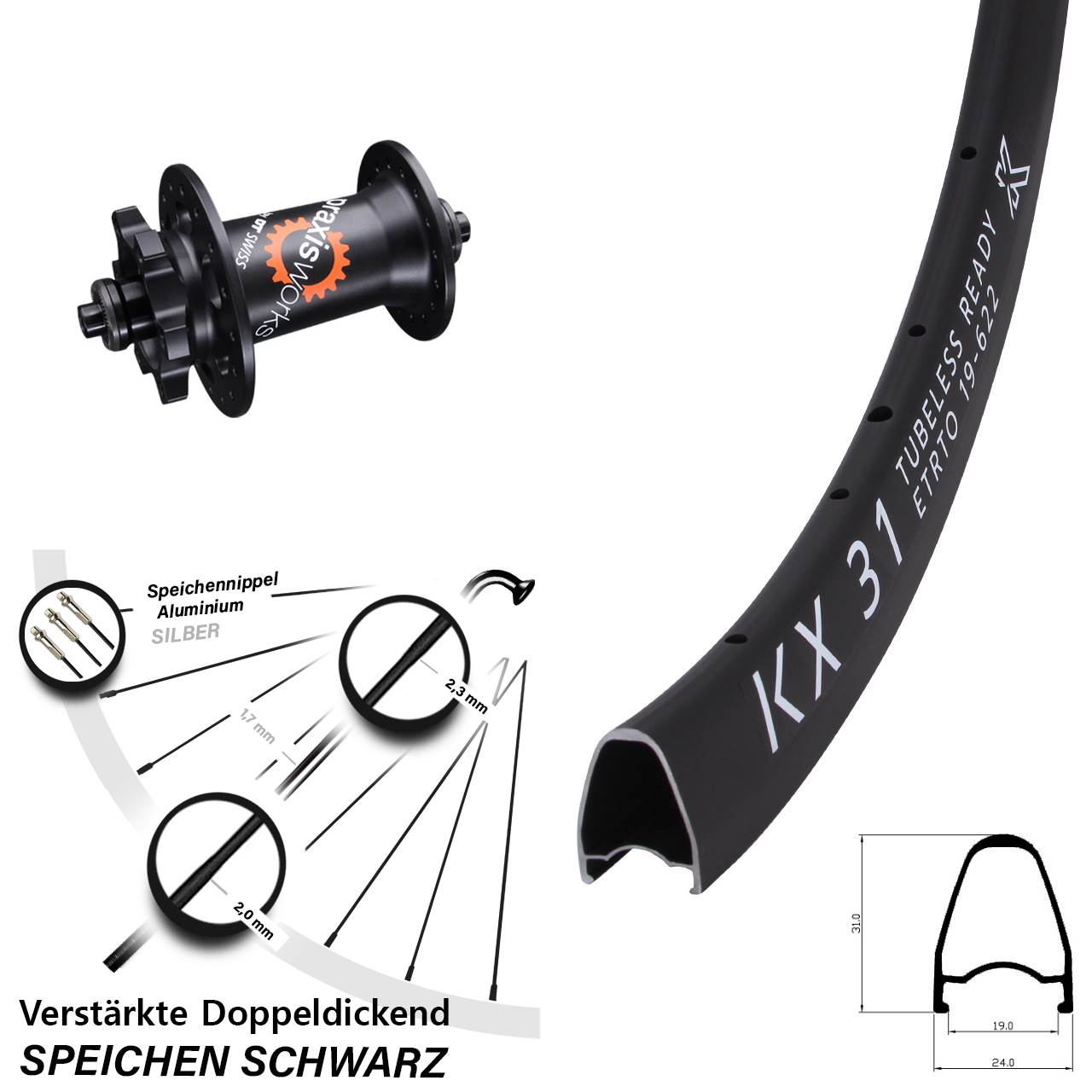 28 Zoll KX 31 DT Swiss 350 QR Vorderrad 6-Loch für Schnellspanner