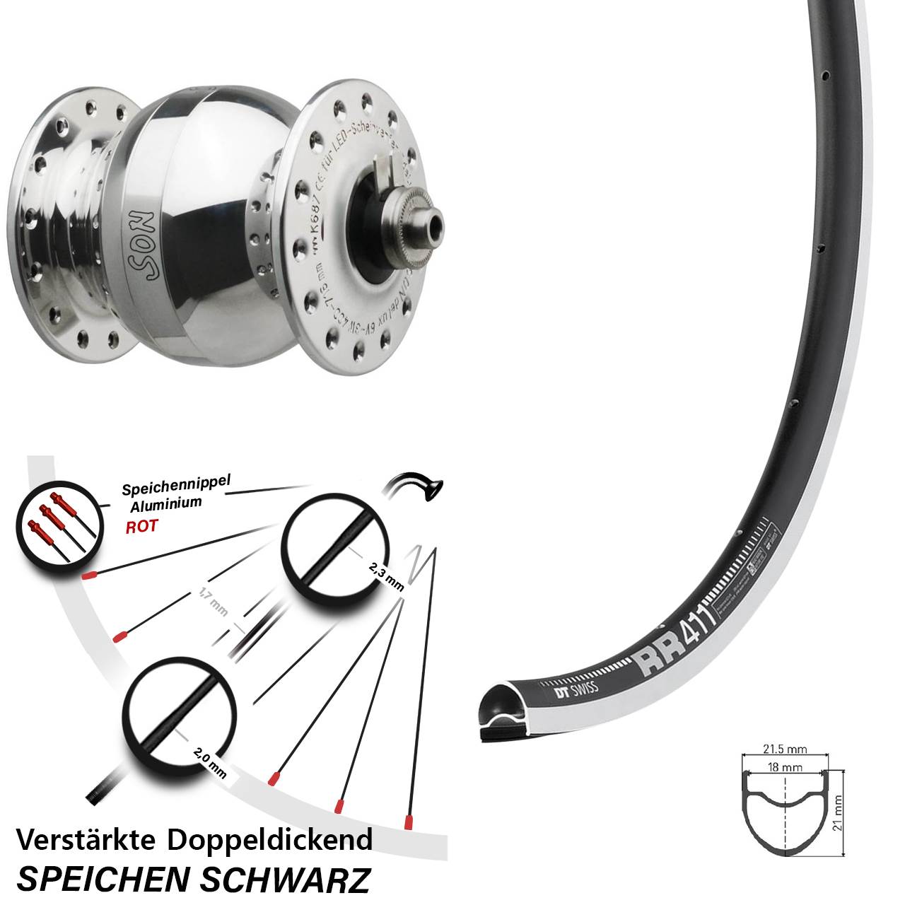 Nabendynamo-Vorderrad 28 Zoll DT Swiss RR 411 SON delux wide body für Schnellspanner