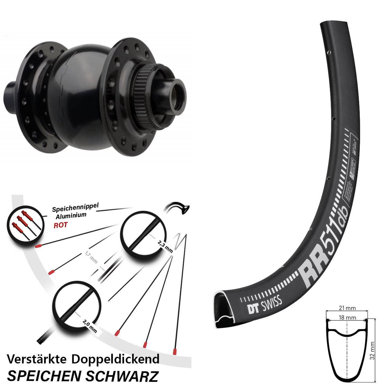 Nabendynamo-Vorderrad Centerlock DT Swiss RR511 SON 28 Zoll 15x110 Boost