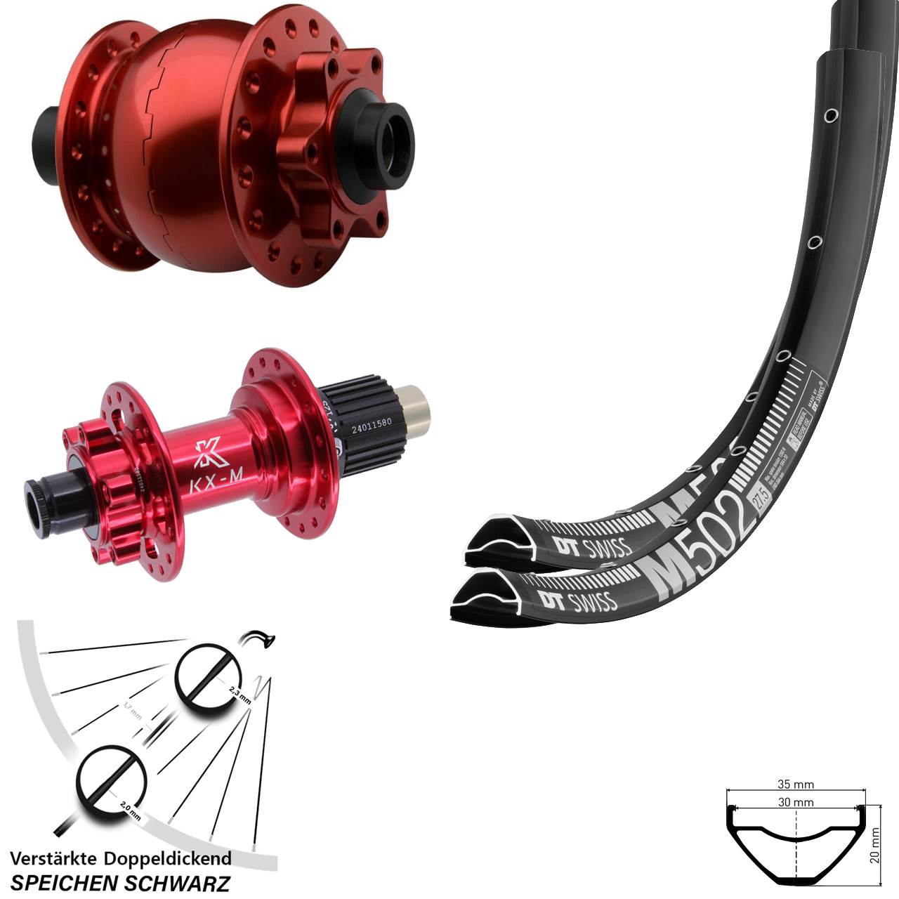 Disc Laufradsatz 29 Zoll DT Swiss M 502 KX-M rot SON 28 Shimano Micro Spline 15x100 12x142