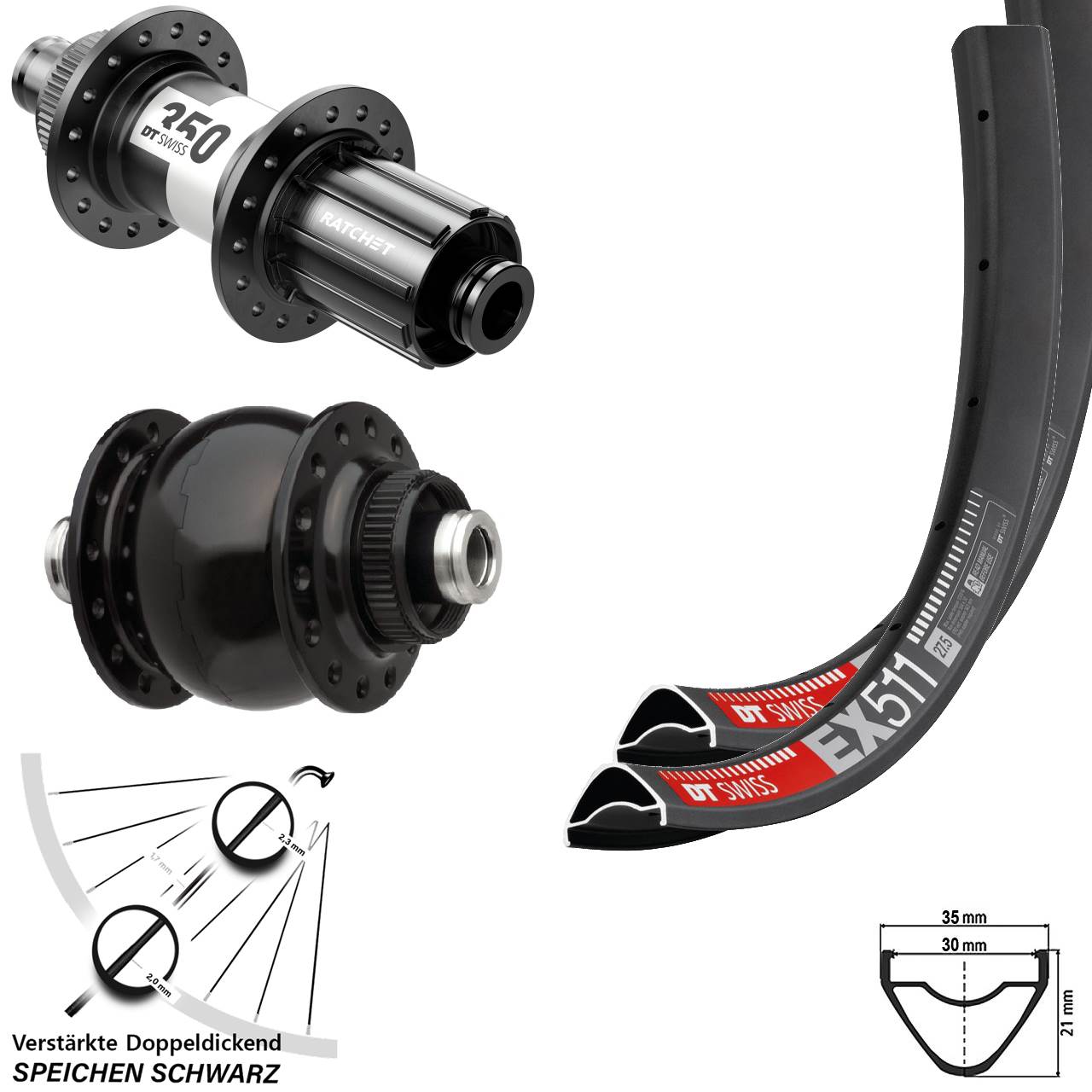 27,5 Zoll DT Swiss EX511 350 SON delux Centerlock Laufradsatz 12x100/142 11-12 fach HG