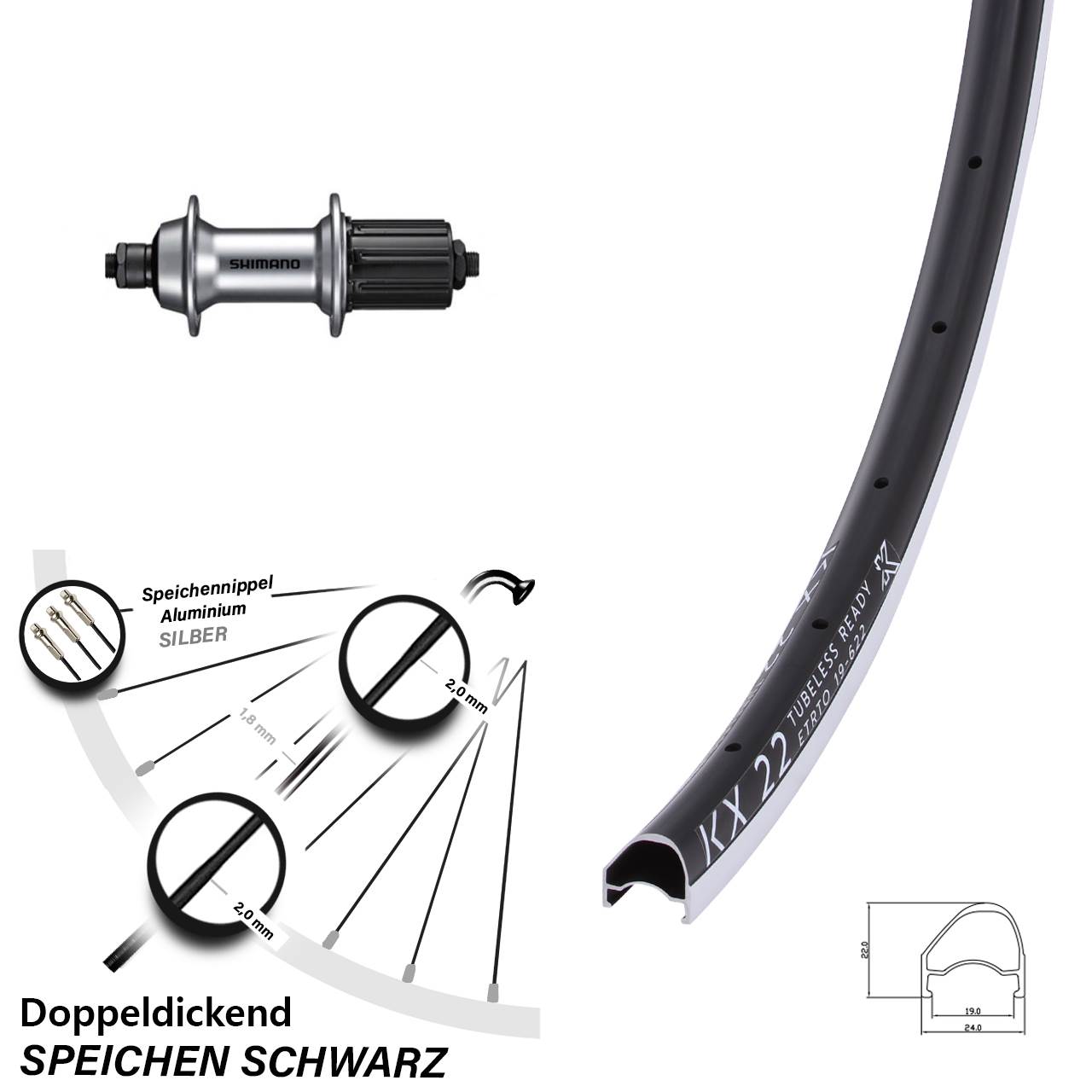 KX 22 OS Shimano FH-RS400 28 Zoll Laufrad hinten QR 11-12 fach HG