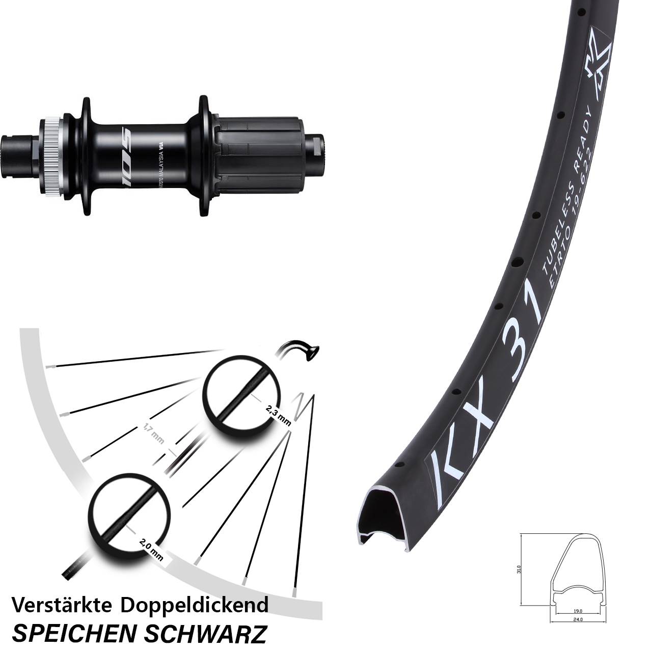 Centerlock Hinterrad 28 Zoll KX 31 Offset Shimano 105 FH-R7070 8-12 fach HG 12x142