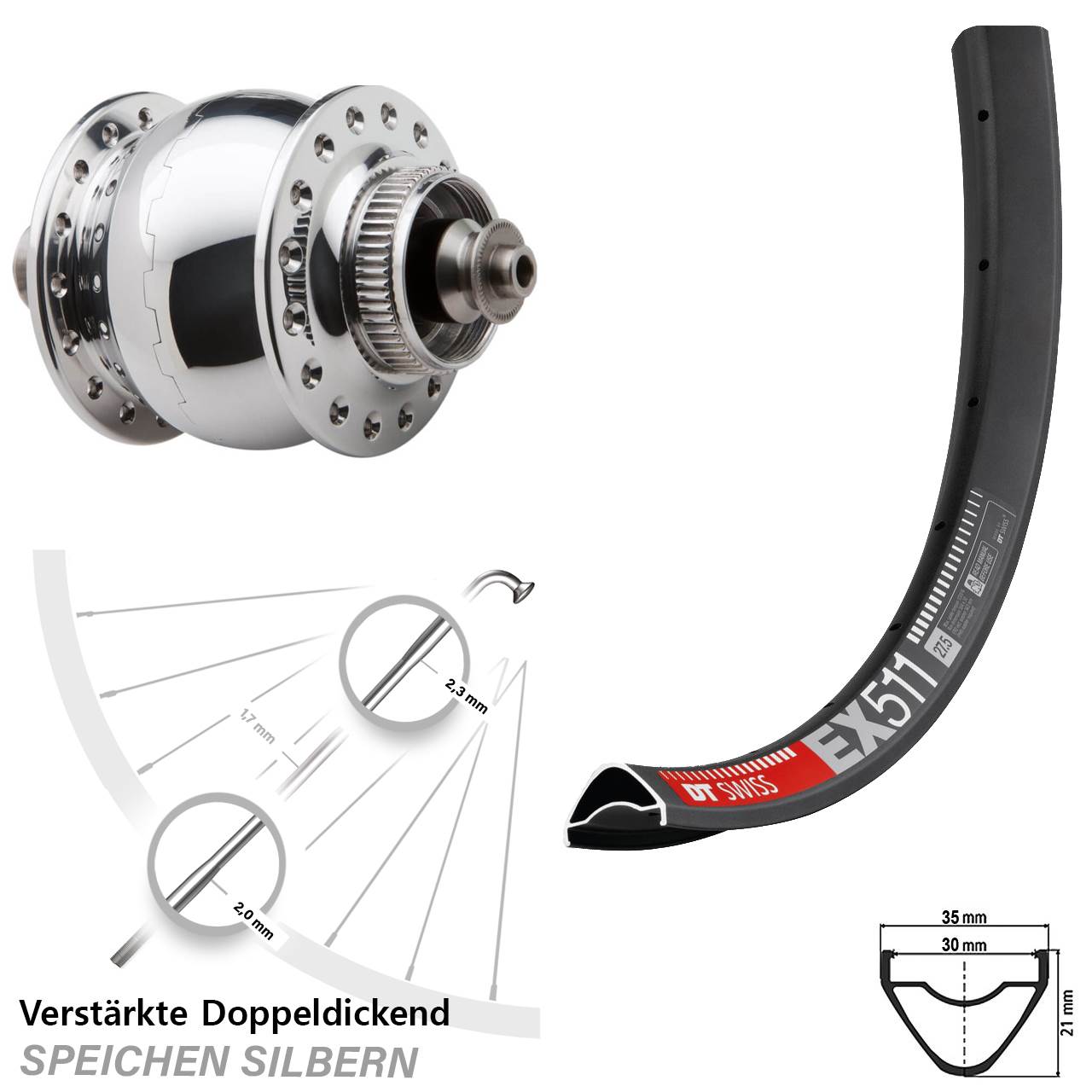 29 Zoll DT Swiss EX 511 SON delux Dynamo-Vorderrad Centerlock QR