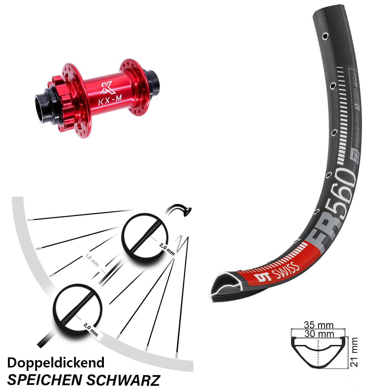 Disc Vorderrad 20x110 non Boost 26 Zoll DT Swiss FR 560 KX-M rot