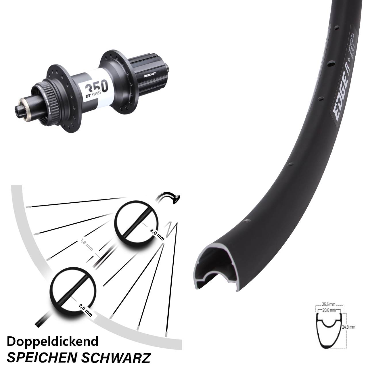 Ryde Edge R25 OS Disc Hinterrad 28 Zoll DT Swiss 350 Centerlock 5x135 mm Road 11-fach