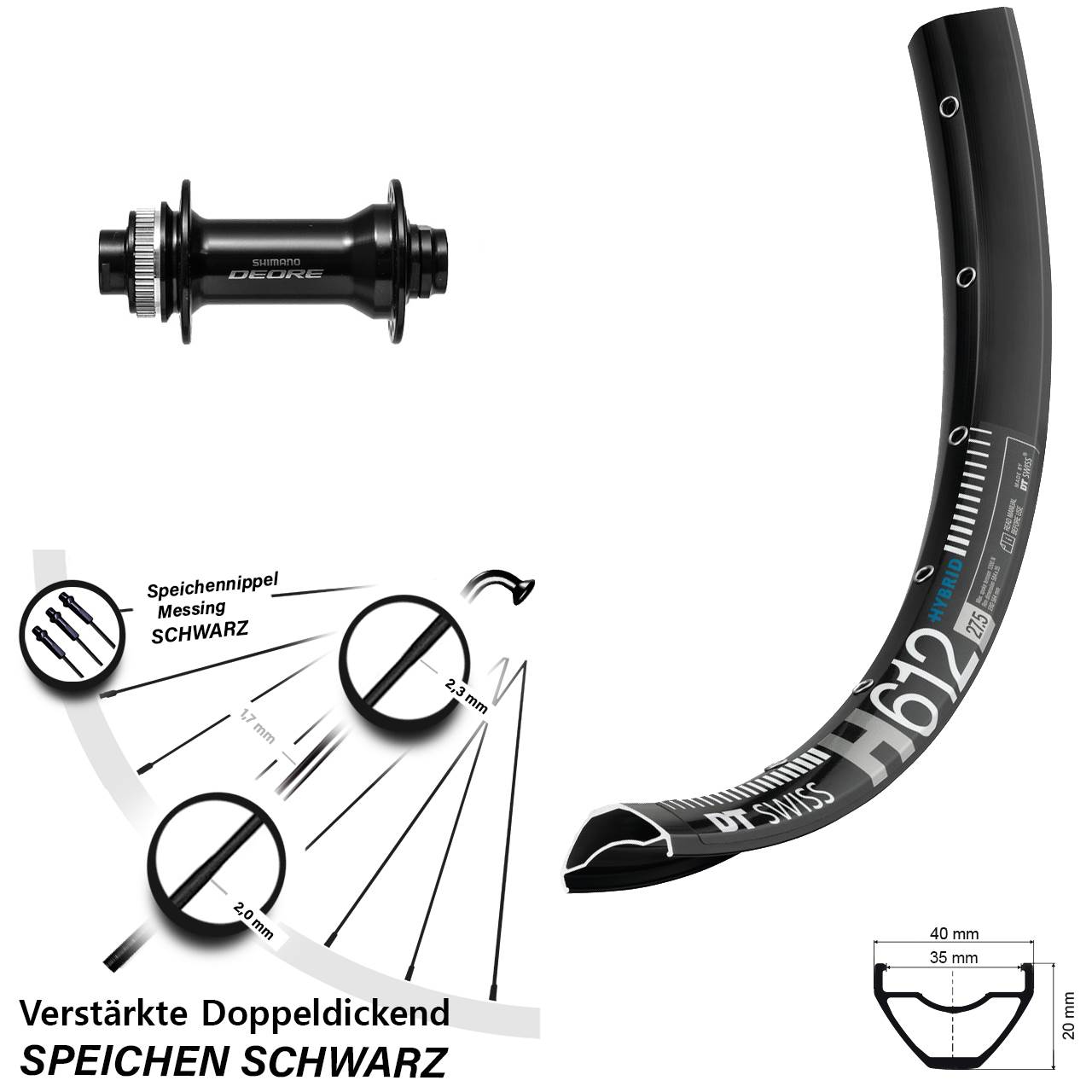 Boost Centerlock Vorderrad 15x110 27,5 Zoll DT Swiss H612 Shimano Deore HB-M6010