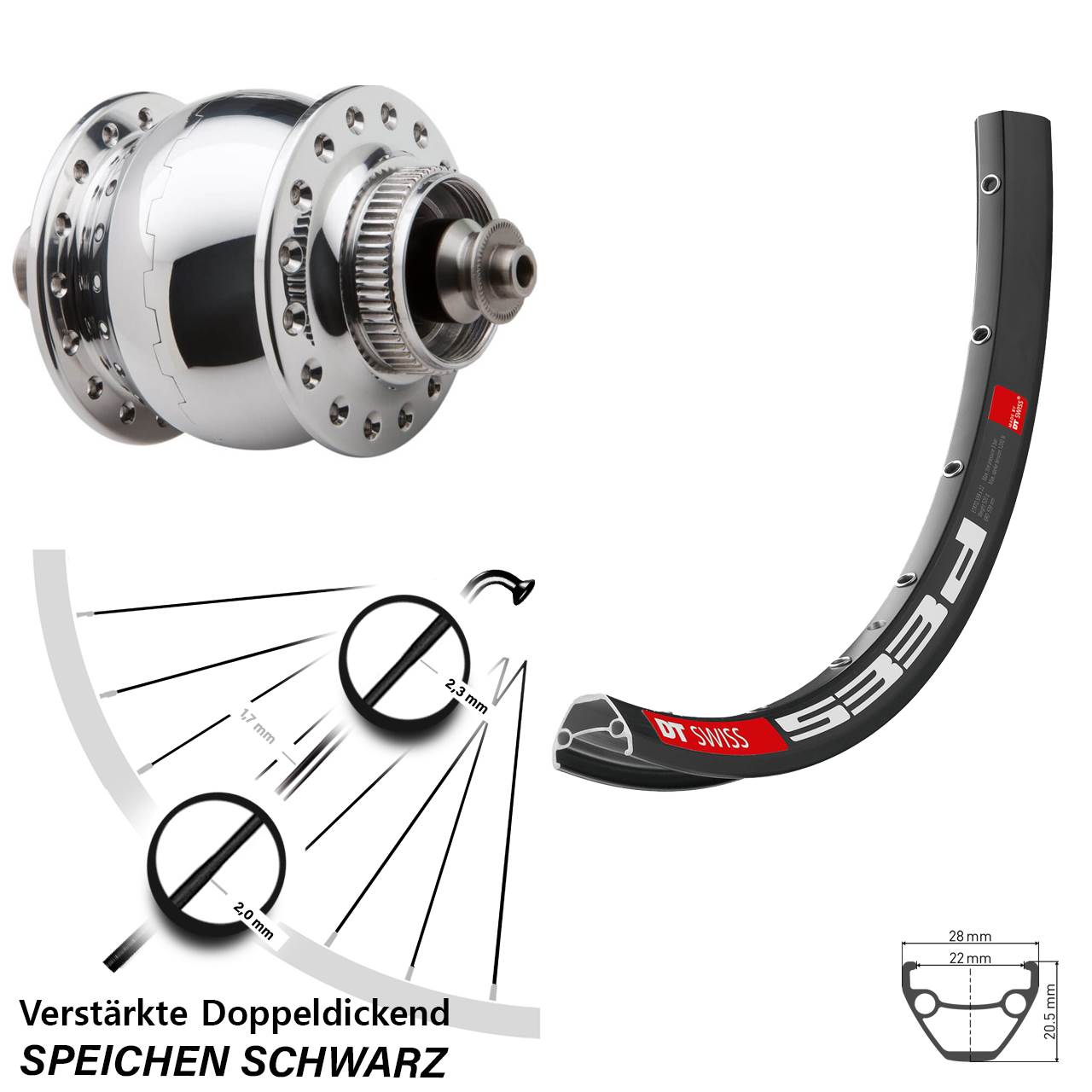 28 Zoll DT Swiss 533 D SON delux Dynamo-Vorderrad Centerlock für Schnellspanner
