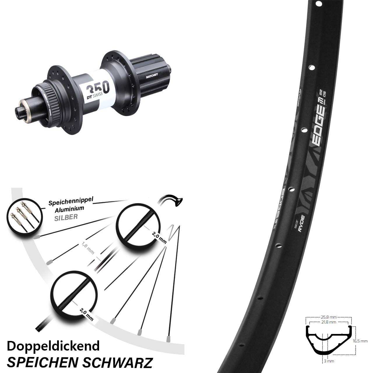 29 Zoll Ryde Edge M22 OS DT Swiss 350 Boost Centerlock Hinterrad QR Boost 8-11 fach HG
