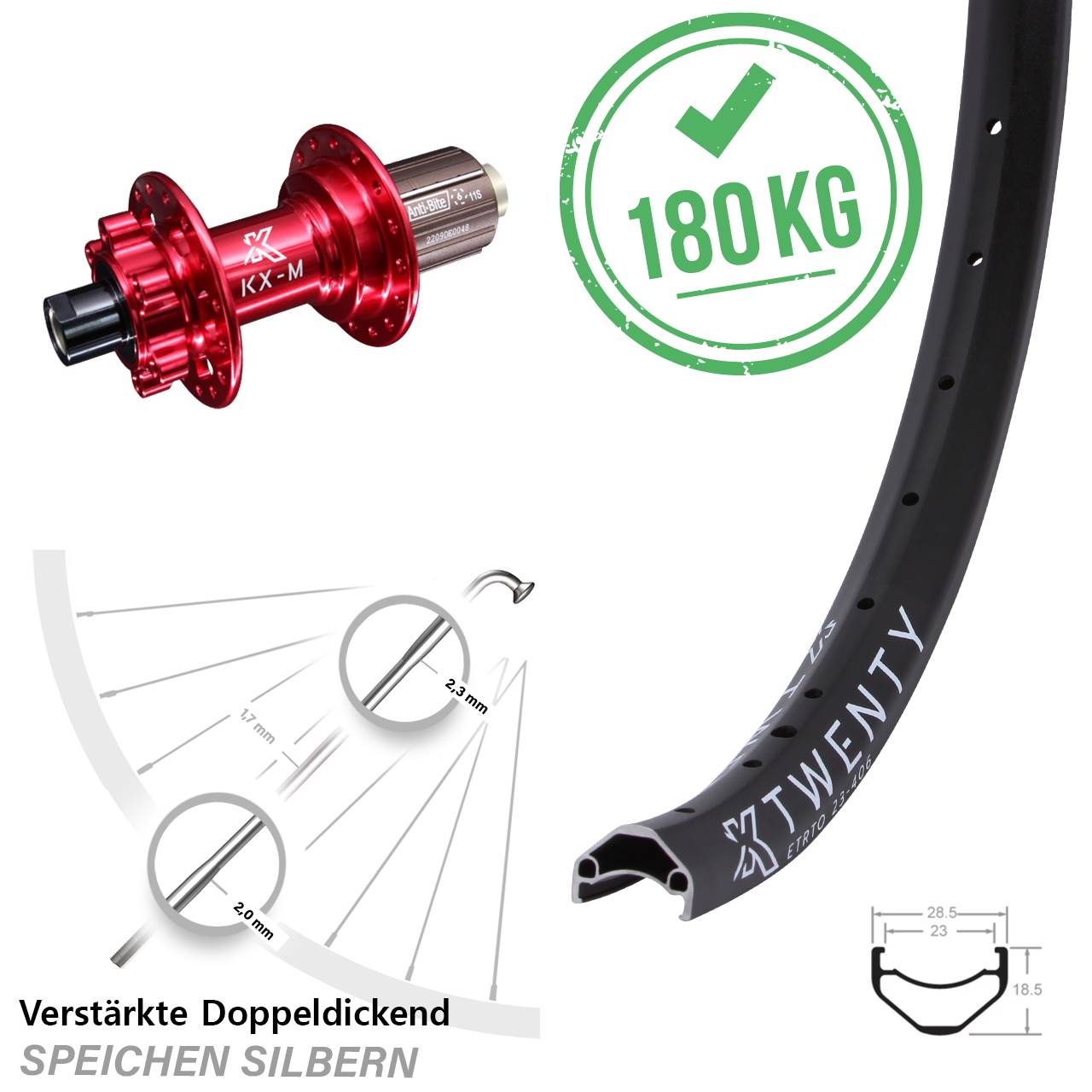 KX-M Twenty Hinterrad verstärkt 20 Zoll rot-eloxiert 6-loch Steckachse 12x142 mm 11-fach