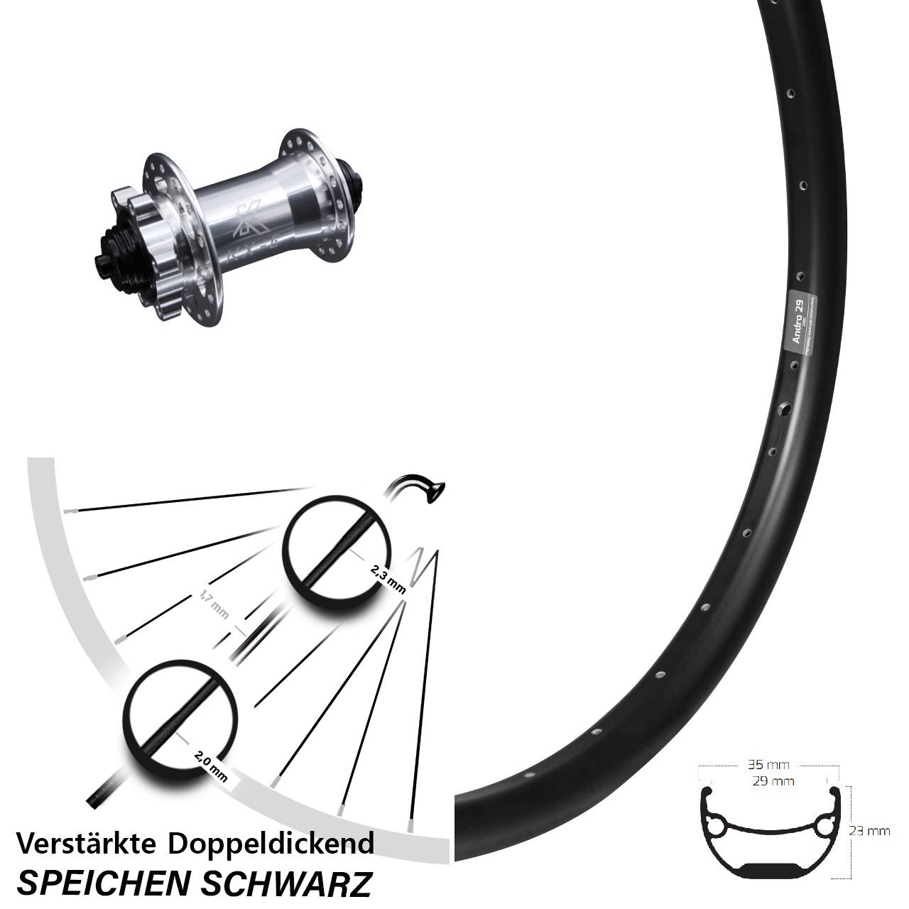 Ryde Andra 29 Zoll Vorderrad mit KX-E Nabe silbern 5x100 mm 6-Loch verstärkt