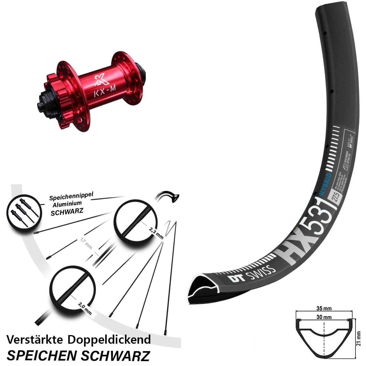 DT Swiss HX 531 KX-M rot 29 Zoll Vorderrad 6-Loch QR