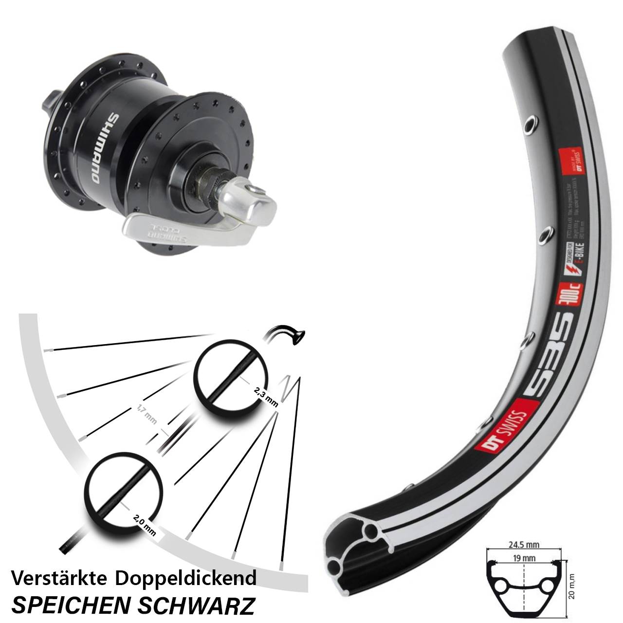 28 Zoll DT Swiss 535 Shimano DH-3N72 Nabendynamovorderrad für Schnellspanner
