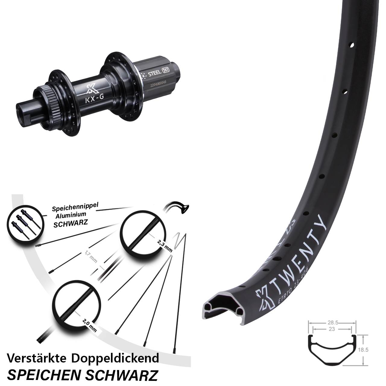 20 Zoll Hinterrad KX Twenty Steckachse 12x142 mm GS schwarz Centerlock verstärkt 8-12 fach