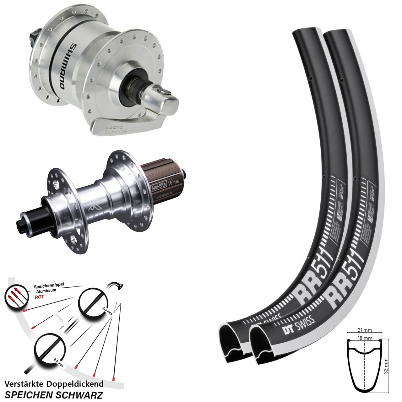 Laufradsatz 28 Zoll DT Swiss RR511 KX-T Shimano DH-3N72 8-12 fach HG QR