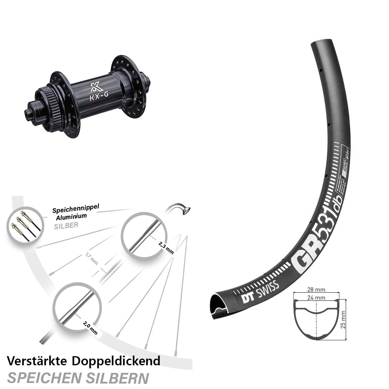 Vorderrad Gravel 28 Zoll DT Swiss GR531 DB Nabe Centerlock KX-G 5x100 mm