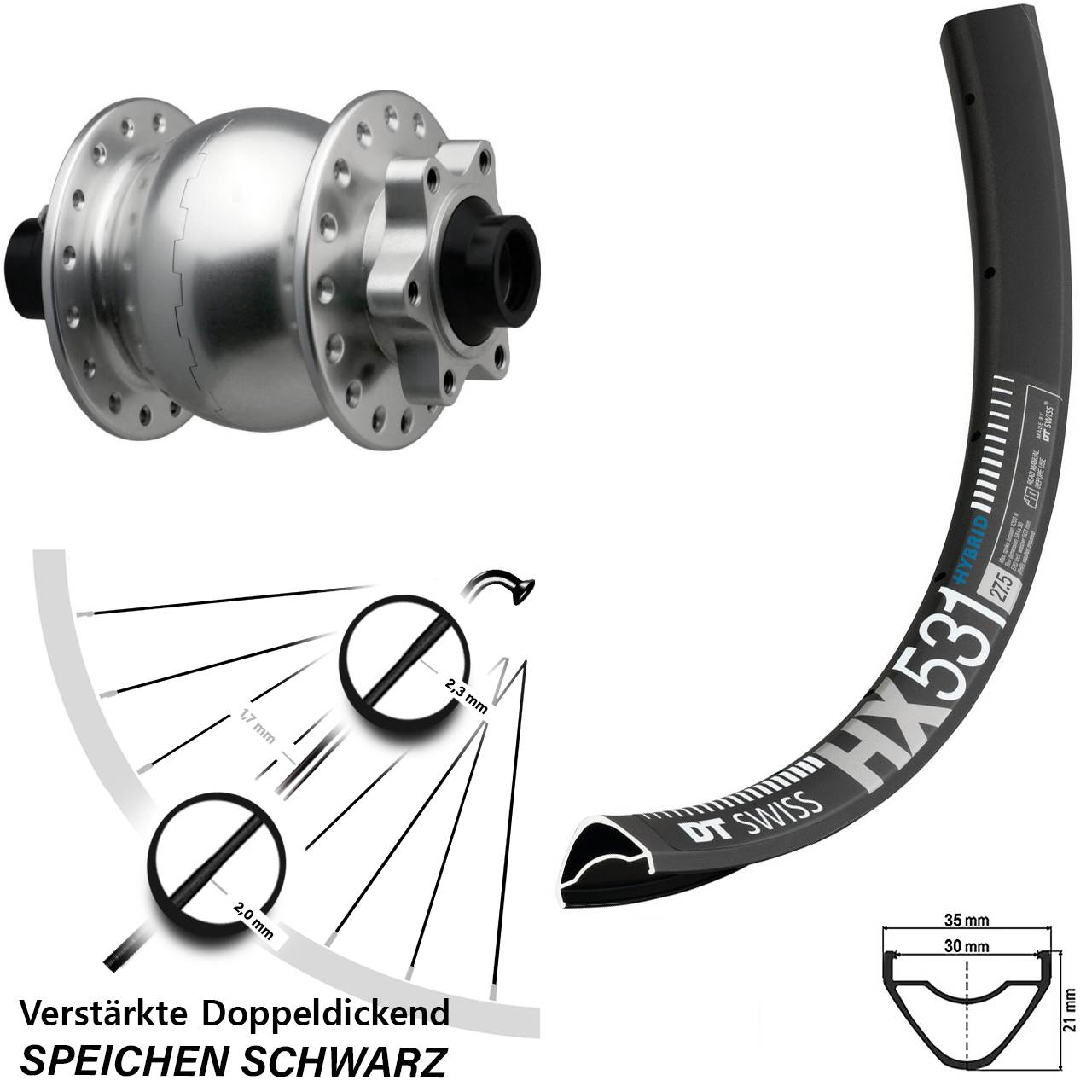 Boost 6-Loch Vorderrad mit Nabendynamo 15x110 29 Zoll DT Swiss HX531 SON 28 silbern