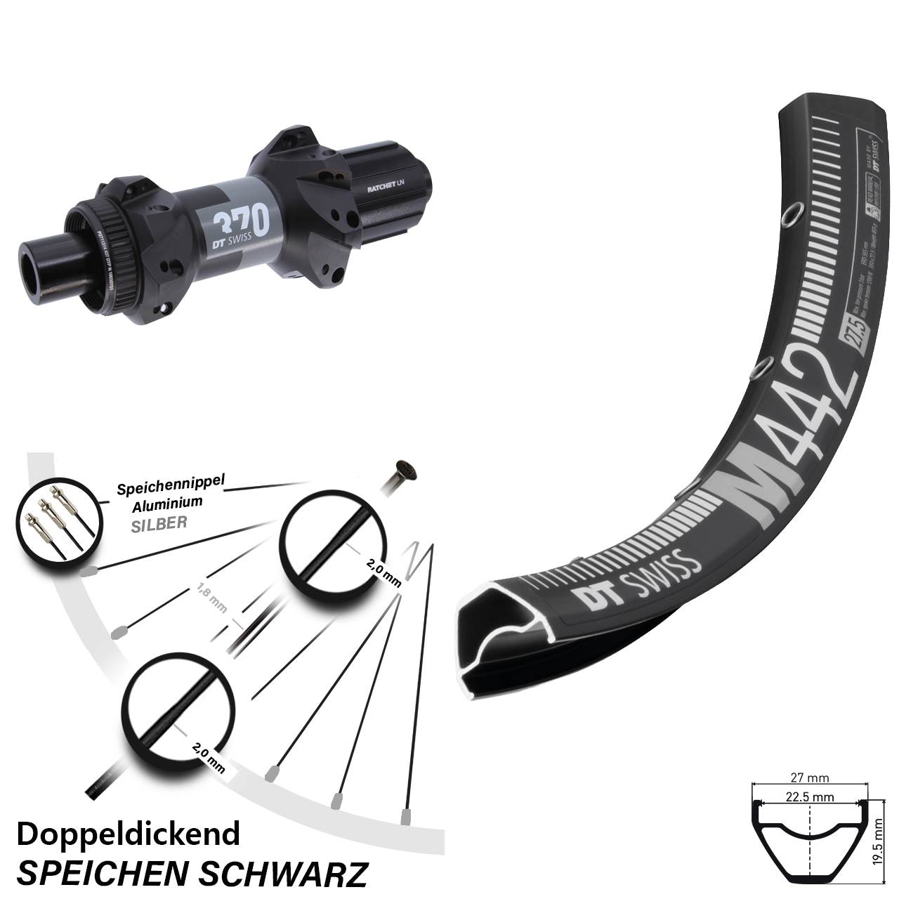 DT Swiss M 442-370 28-29 Zoll Hinterrad Centerlock 12x148 8-11 fach HG