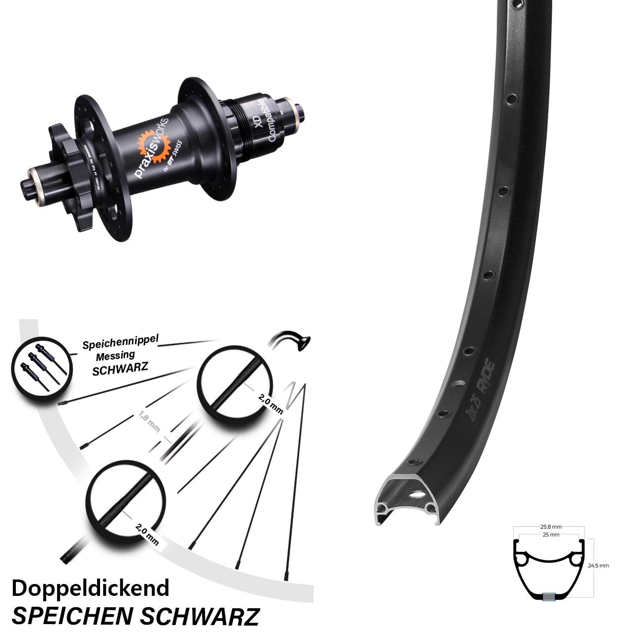 Hinterrad 6-Loch QR 28-29 Zoll Ryde ZAC 25 DT Swiss 350 XD 11-12 fach