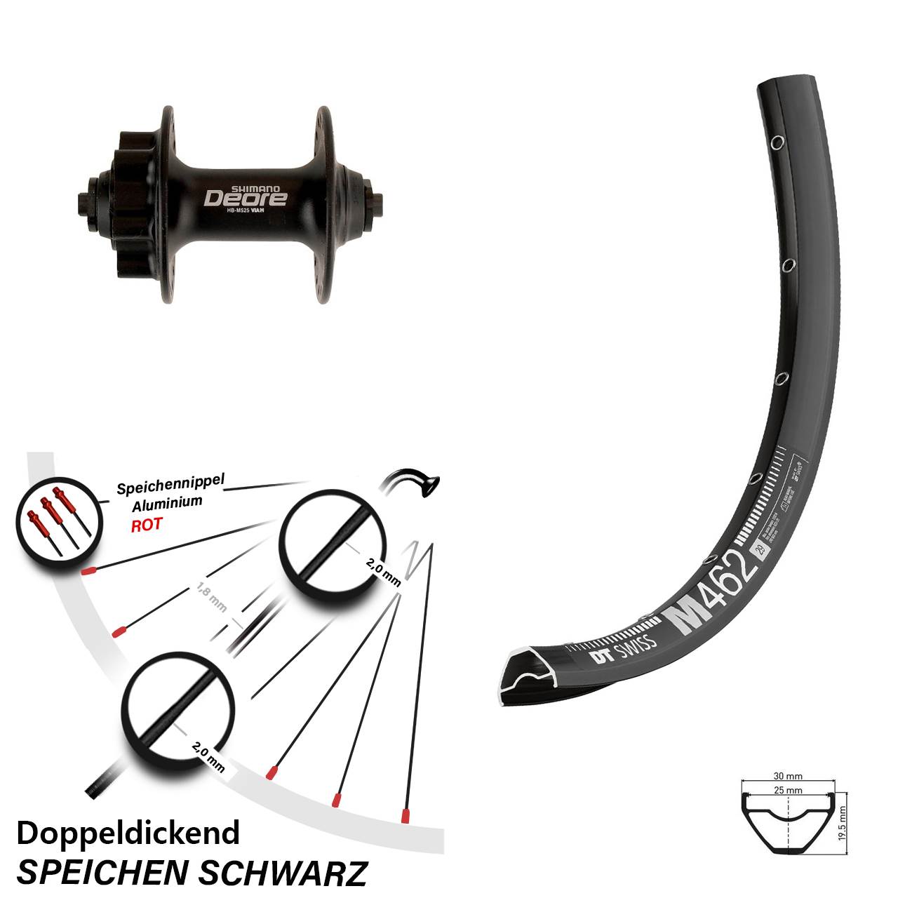 DT Swiss M 462 Shimano Deore HB-M525 27,5 Zoll Disc Laufrad für Schnellspanner
