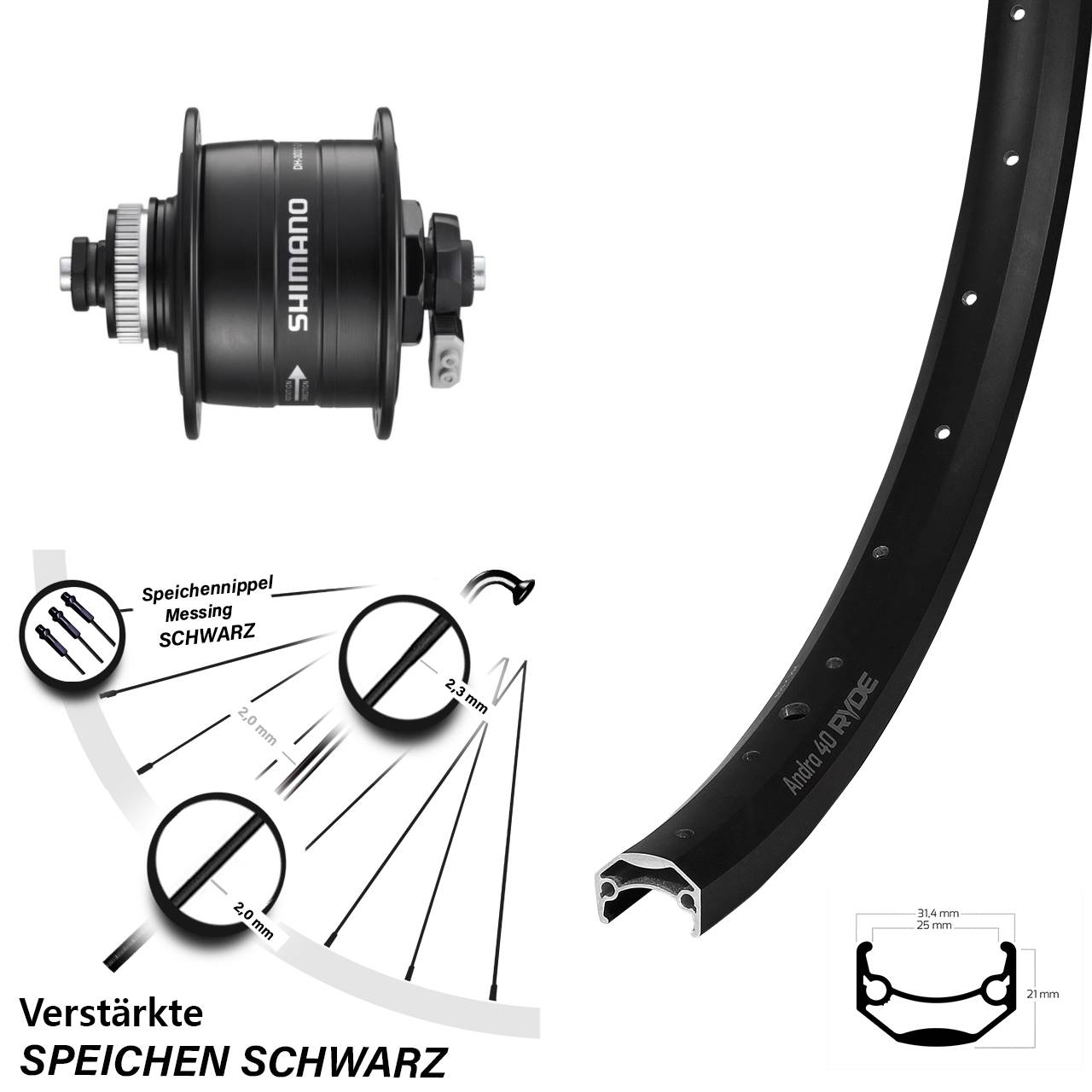 Ryde Andra 40 Shimano DH-3D37 24 Zoll Disc Vorderrad mit Nabendynamo QR