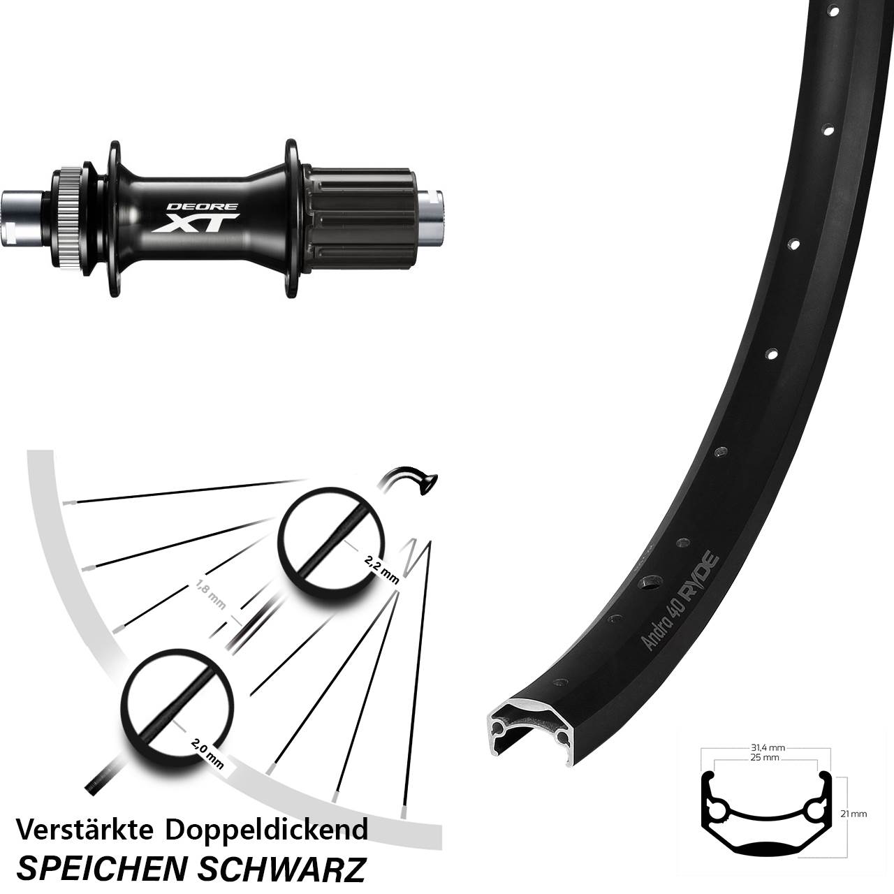 27,5 Zoll Ryde Andra 40 Disc Hinterrad mit Shimano XT Boost Nabe