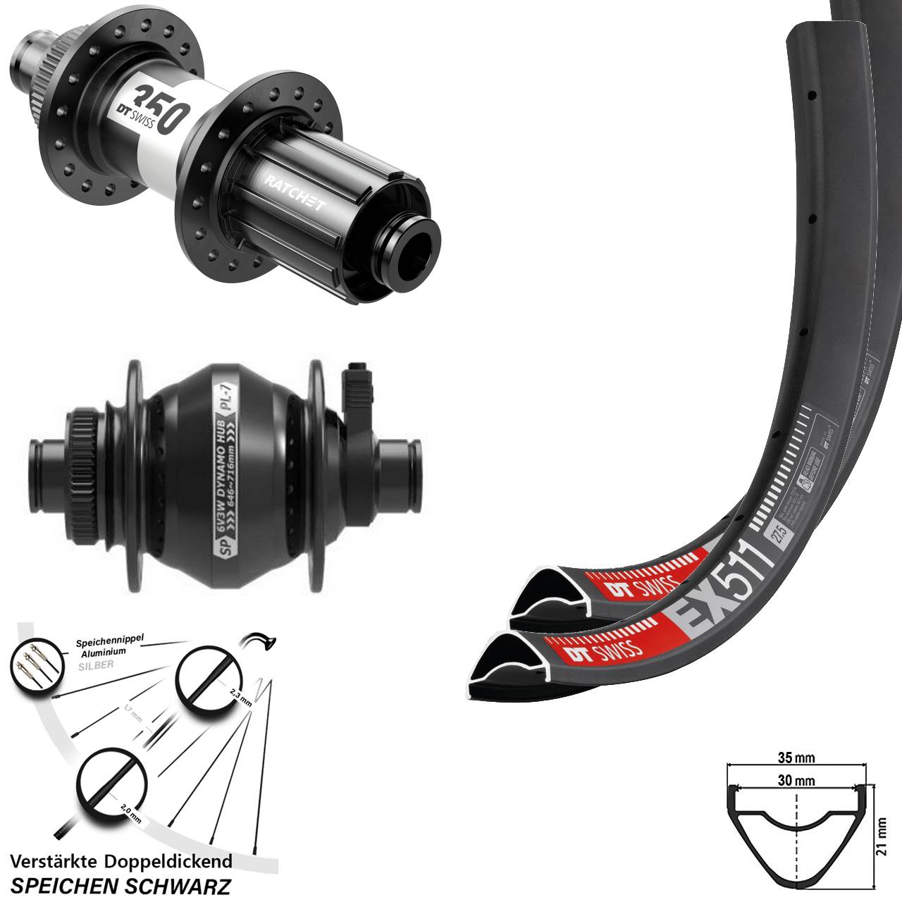 27,5 Zoll DT Swiss EX511 SP PL-7 350 HG Centerlock Laufradsatz 12x100/142
