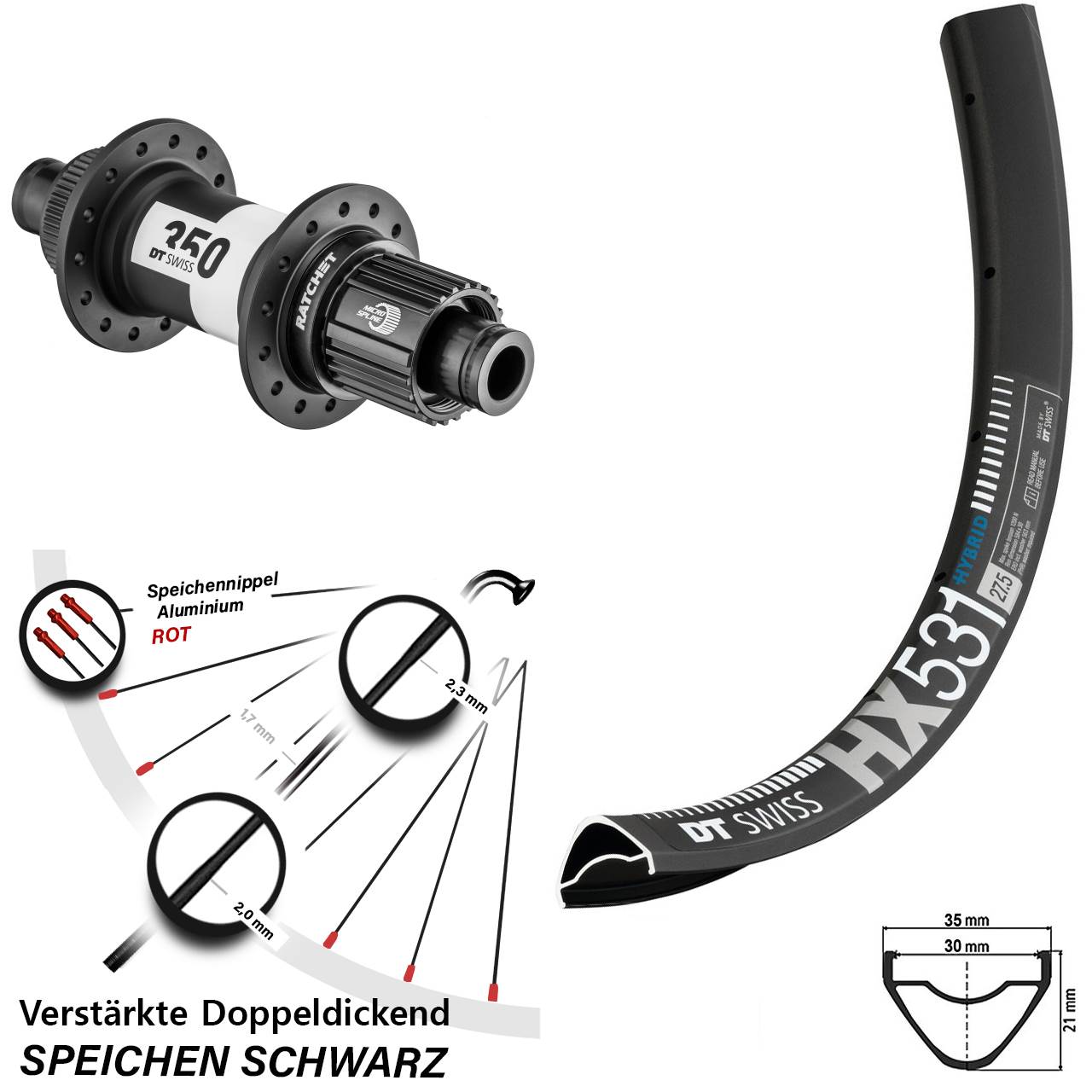 29 Zoll DT Swiss HX531 350 Ratchet 36 Disc Hinterrad 12x148 Boost Micro Spline