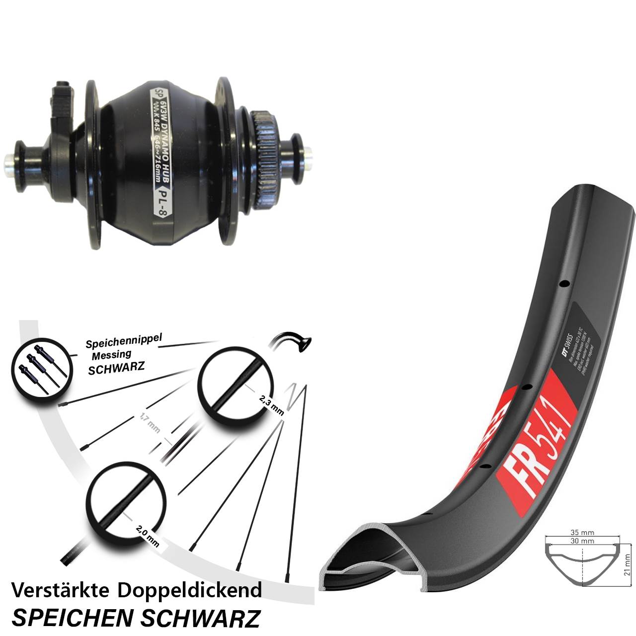 DT Swiss FR541 Shutter PL-8 27,5 Zoll Nabendynamovorderrad Centerlock für Schnellspanner