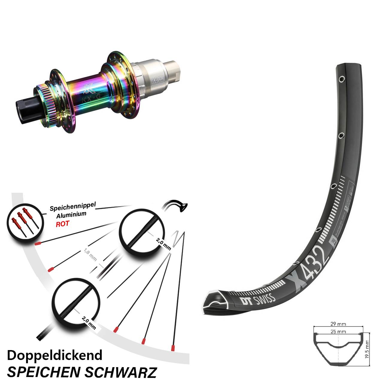 29 Zoll DT Swiss X432 KX-G Oilslick Disc Hinterrad 12x142