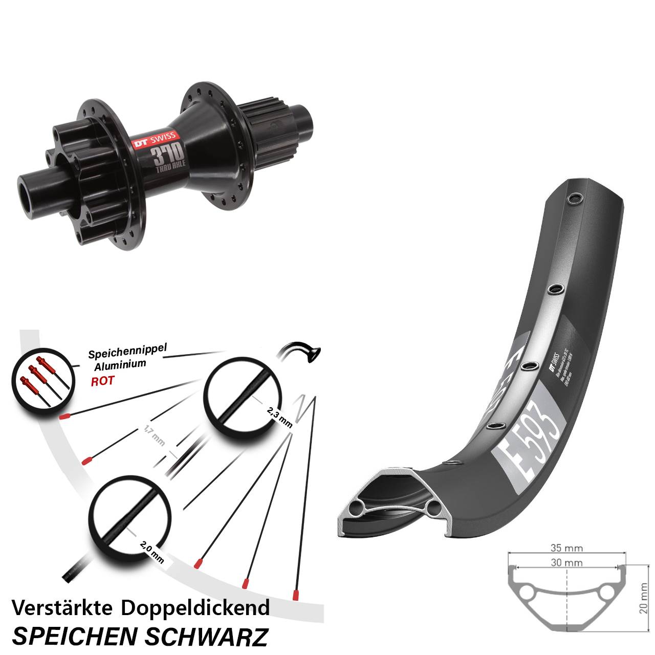 6-Loch Hinterrad 29 Zoll DT Swiss E593 DT Swiss 370 Hybrid Micro Spline 12x142