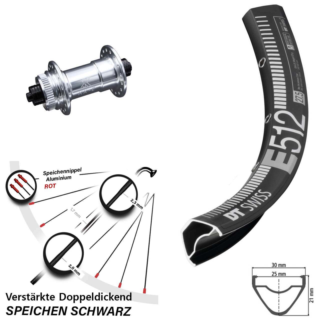 DT Swiss E 512 Vorderrad 27,5 Zoll KX-E silbern-eloxiert 5x100 mm Centerlock