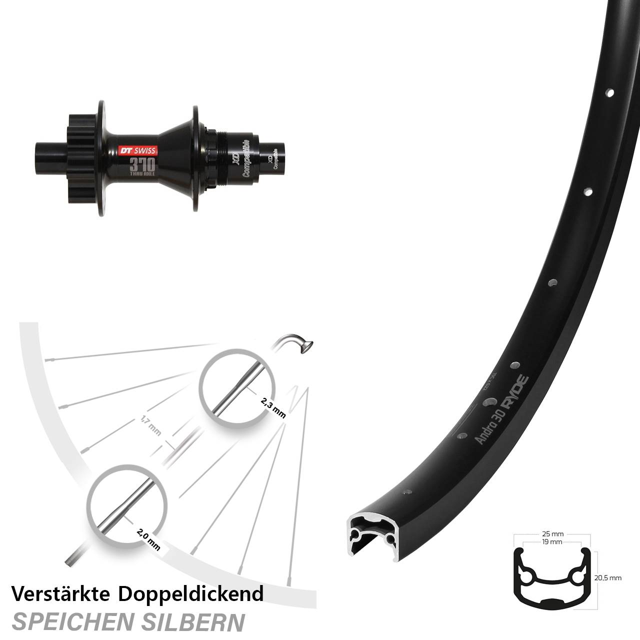 Ryde Andra 30 Disc DT Swiss 370 28-29 Zoll Hinterrad 12x142 SRAM XD