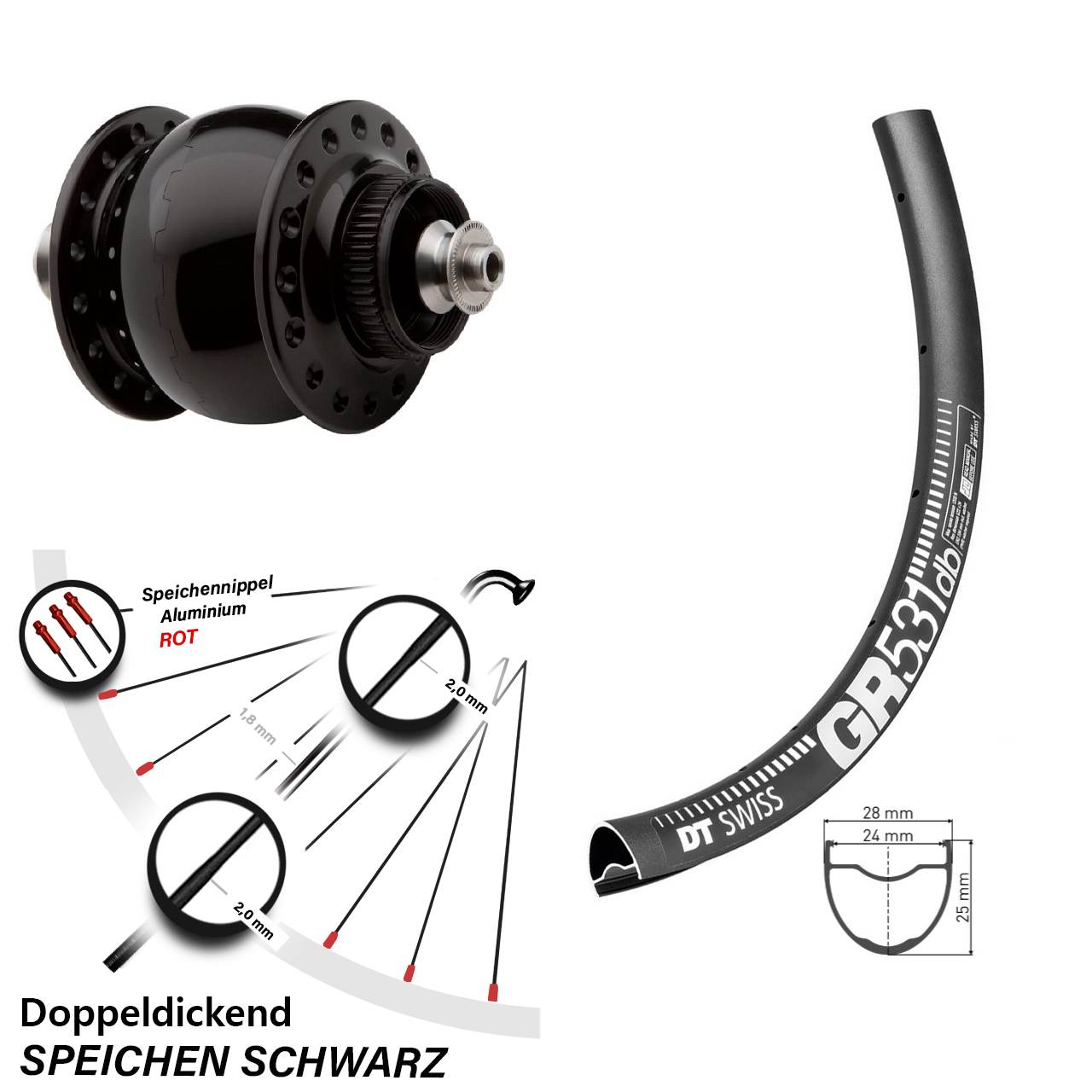 Disc Laufrad mit Nabendynamo für Schnellspanner 27,5 Zoll DT Swiss GR531 SON 28