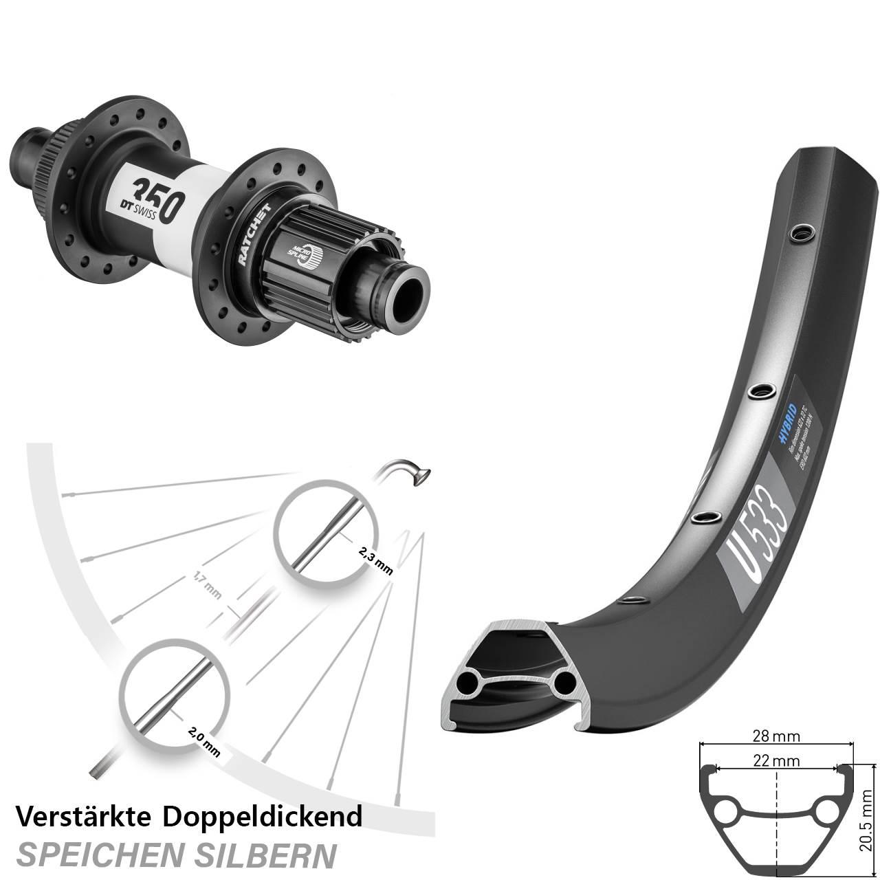 Hinterrad 28-29 Zoll DT Swiss U 533-350 Ratchet 36 Micro Spline 12x142