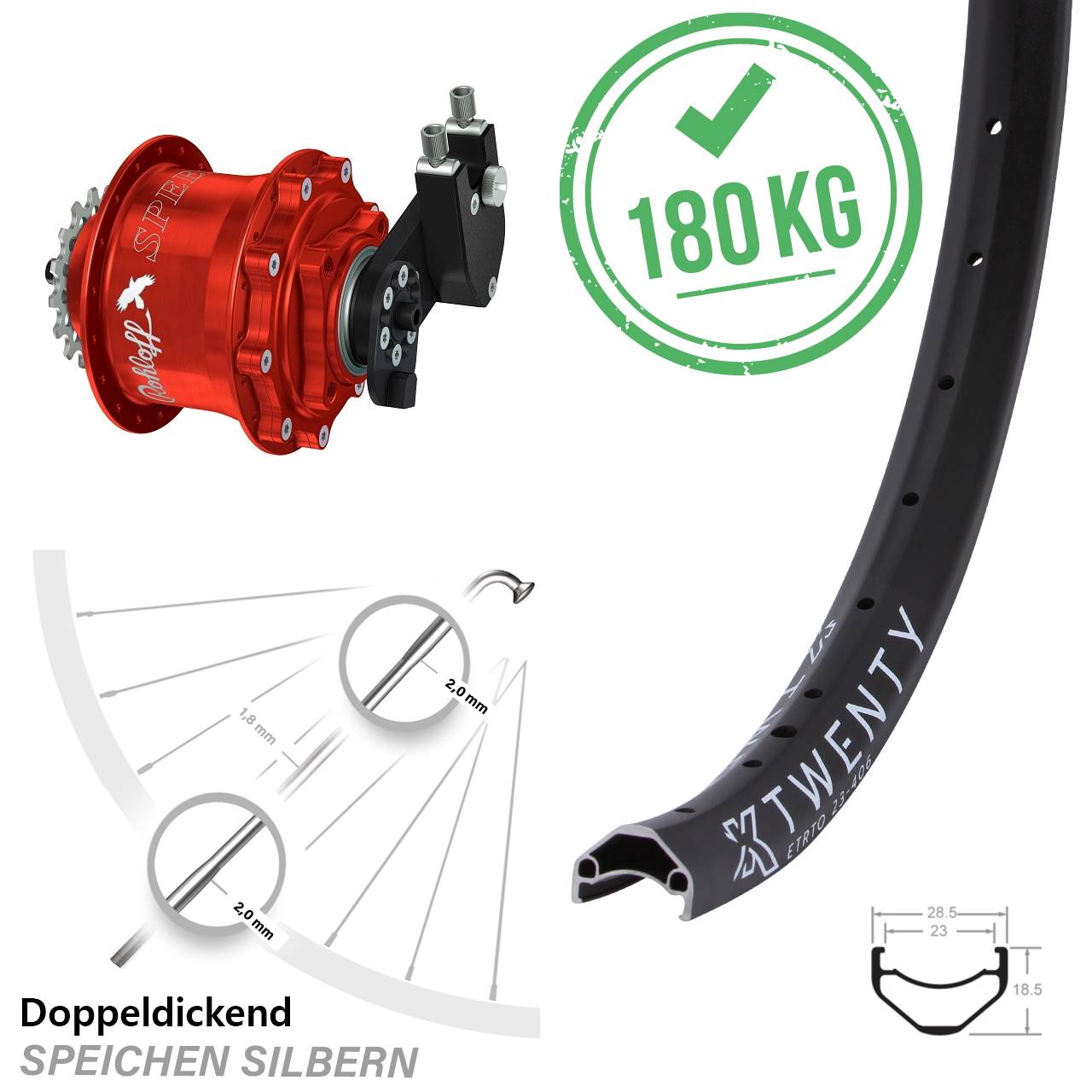 20 Zoll Rohloff Speedhub CC DB OEM rot KX Twenty Hinterrad