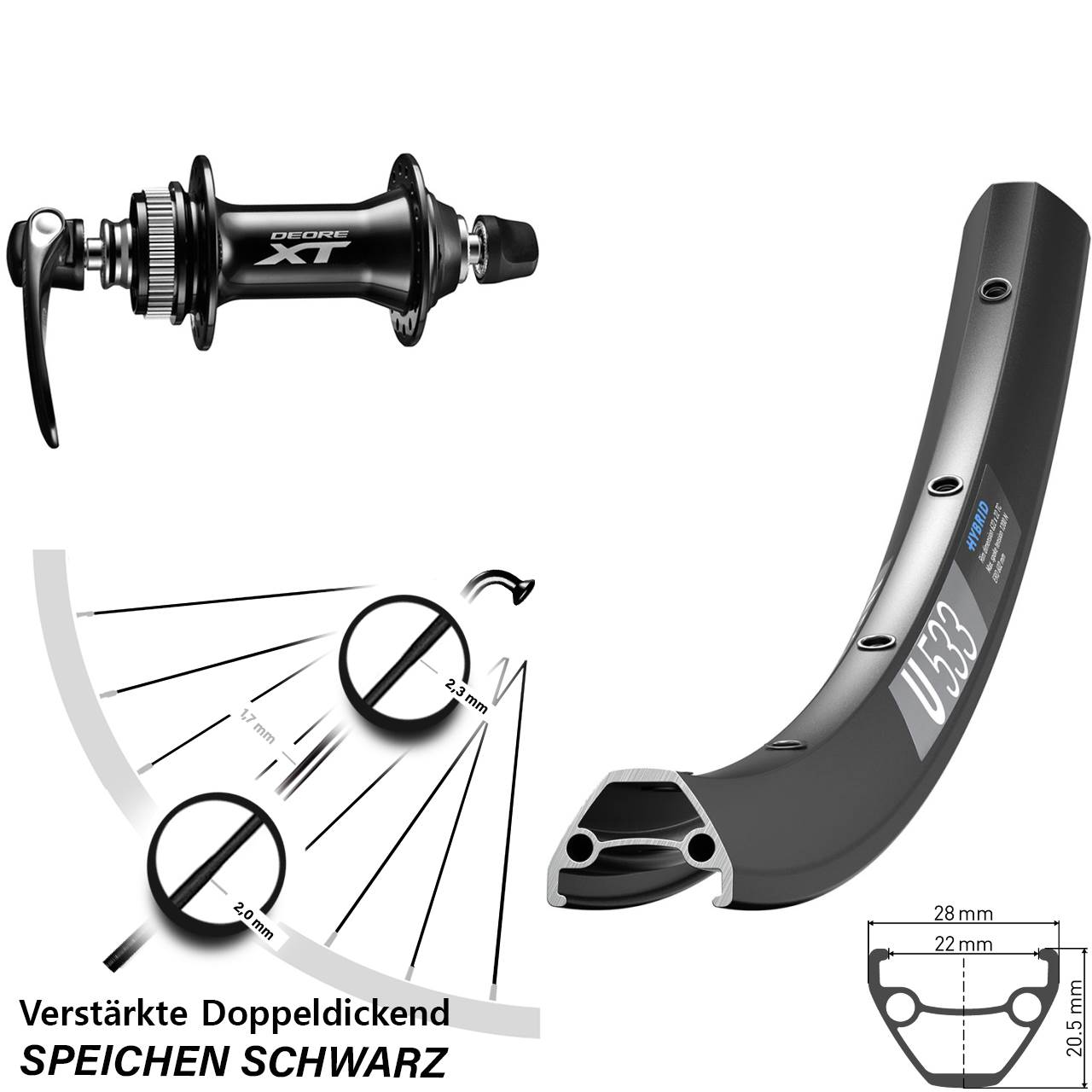 Vorderrad Centerlock 26 Zoll DT Swiss U 533 Shimano Deore XT HB-M8000 QR